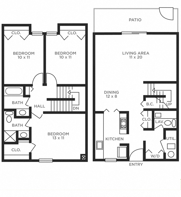 Floor plan for 3 beds, 2.5 baths, 1323 sqft